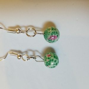 Green Ball Earrings With Green And Pink Spots. Hypoallergenic